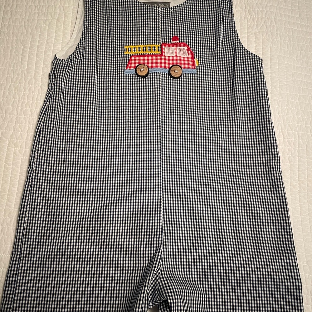 Children's Gingham Fire Truck Romper